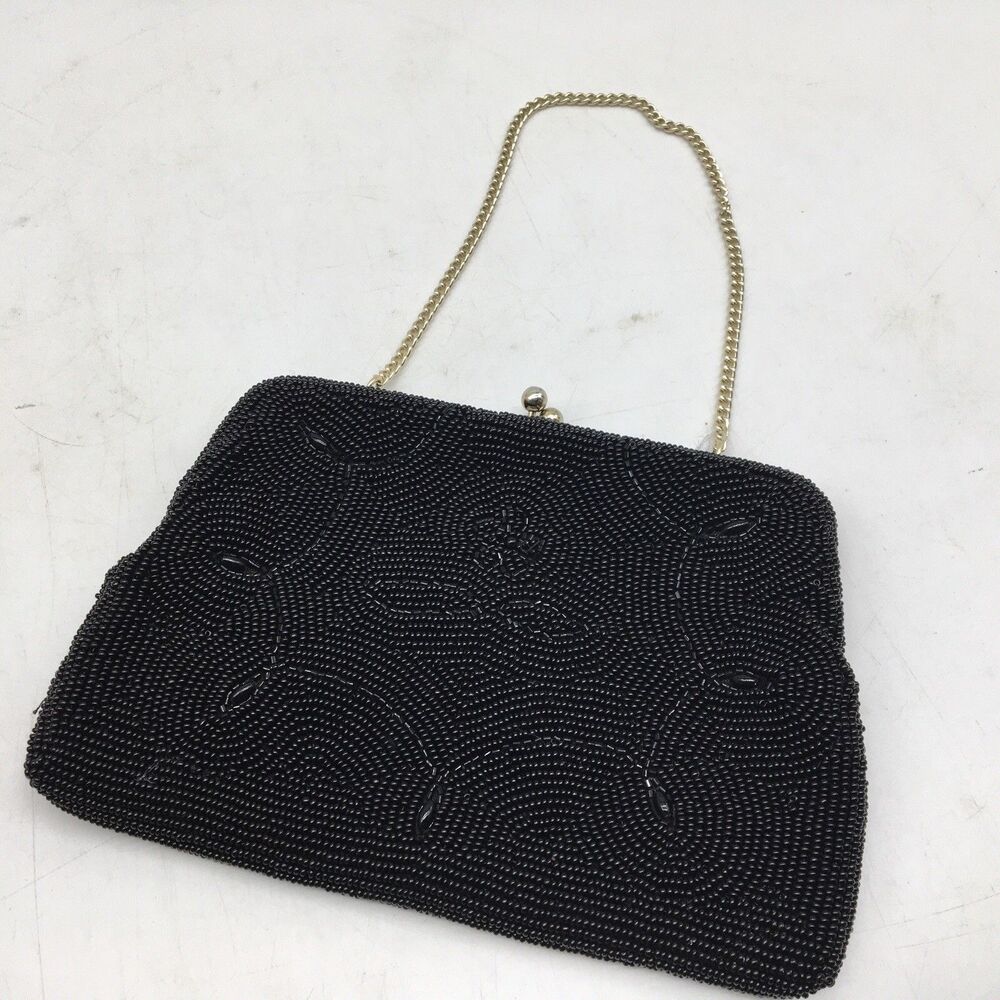 Vintage Sharonee Black Beaded Small Evening Bag Clutch Purse Made in Japan